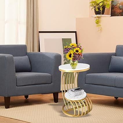Image of End Table with Decorative Legs, in-Lay Top, Home Decor Accent Furniture -Tier Metal Coffee Table with Open Storage Shelf for Living Room (GOLEN Black)