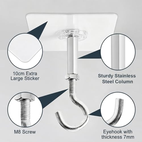 Image of HASTHIP 4Pcs Ceiling Hooks Adhesive Heavy Duty Stick On Ceiling Hangers with Large Adhesive Pads for Hanging Plants Pots, Lights Wind Chimes and Home Storage