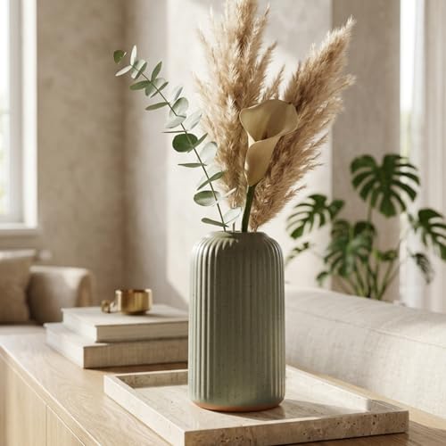 Image of KREATIVE ART'S Modern Ribbed Design Ceramic Flower Vase for Living Room, Flower Pots for Artificial Flower, Home Decoration Item, Home Decor, Vases for Living Room (SAGE Green, Small)