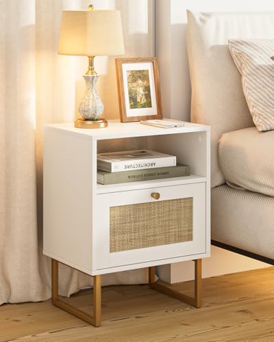 Image of Rattan Nightstand, Boho Night Stand Farmhouse Wood Bedside Table with Storage and Open Shelf, End Side Accent Table for Bedroom,Living Room,White