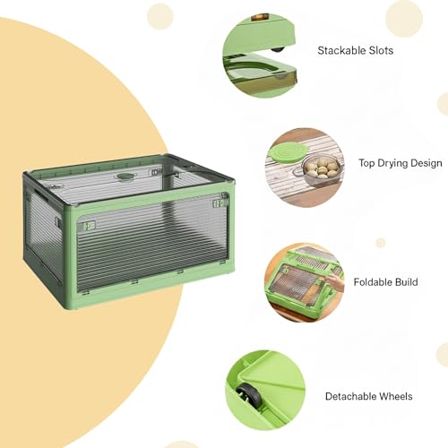 Image of oddpod Stack Genie Collapsible Medium Capacity Storage Box with Detachable Wheels /Multifunctional Transparent Stackable, Portable & Foldable Organizer for Indoor and Outdoor use - Green
