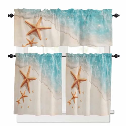 Ocean Starfish Kitchen Curtains 24 Inch Length, 3 Piece Rod Pocket Small Half Tiers and Valance Set, Beach Shell Shore Waves Summer Sea Small Large Window Treatment Decor for Bedroom/Bathroom Sink