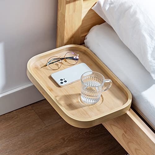 HollyHOME Mesita de Noche de Bambú, Organizador de litera, Pequeña Bandeja de Mesita de Noche Redonda de Esquina con Clip para Silla de Dormitorio Cama, Natural