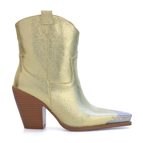 Image of Cowboy Ankle Boots for Women Engraved Steel Toe Cowgirl Boots Stacked Block Heels Short Cowboy Boot Fashion Dressy Western Country Booties