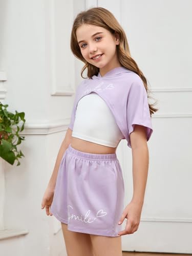 Image of SweatyRocks Girl's 3 Piece Outfits Letter Print Short Sleeve Hooded Tops and Cami Tops with Shorts Set