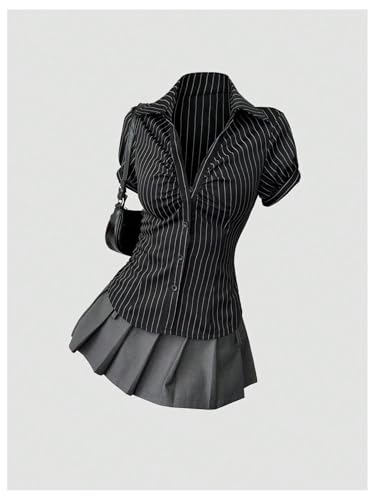 SweatyRocks Women's Striped Button Down Shirt Ruched Short Sleeve Fitted Work Blouses3