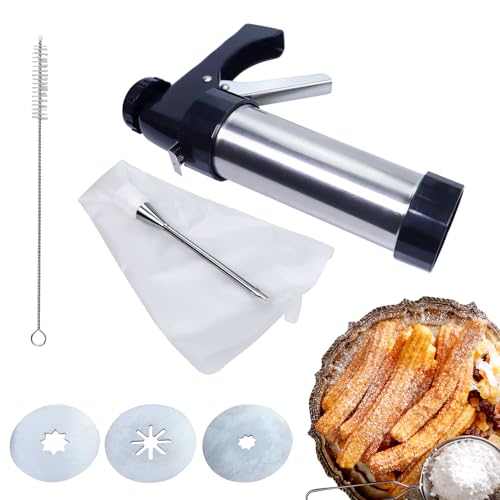 Stainless Steel Churro Maker, Churro Making Kit, Churro Gun, Churro Machine, Churro Press, Churro Maker Set, Piping Bag, Long Needle Piping Tip, Hollow Churro Filler, 3 Nozzle Discs, Homemade Churro