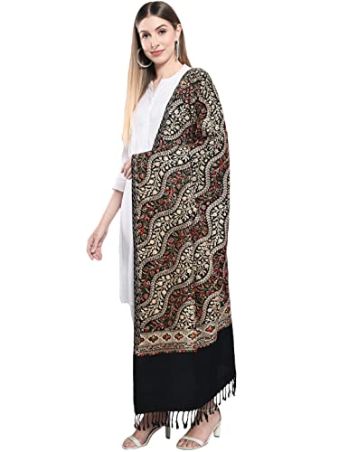 Zamour Kashmiri Royal Nalki Embroidery Indian Traditional Full Size Shawl Wrap (Black)