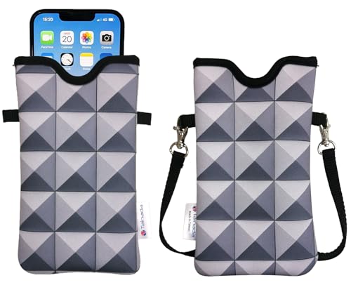 Image of Tainada Neoprene Crossbody Neck Phone Sleeve Pouch (Silver Gray Geometric) | Lightweight small cellphone pocket holder case bag w /adjustable strap; Original design, made in Taiwan; Fits most smartphones