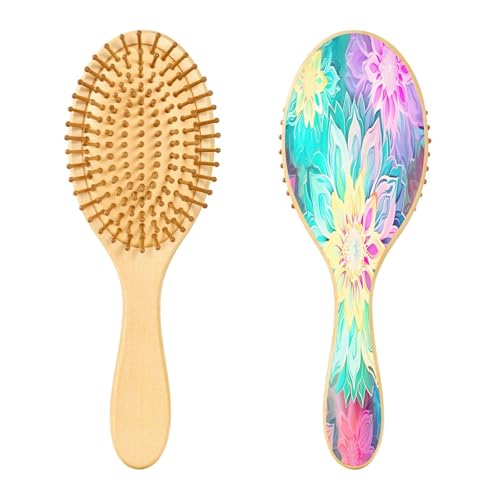 SKYSHU Mandala Cepillo de pelo ovalado de madera natural con cerdas de madera cómodas, desenredante y peinado para mujeres, hombres y niños todo tipo de cabello (cabello húmedo, seco y dañado)