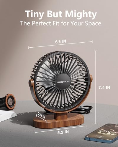 SWEETFULL 6.5 Inch USB Small Desk Fan, 3 Speeds Quiet Portable Desktop Table Fan, 360° Adjustment Personal Mini Fan for Home Office Car Outdoor Travel (Black wood grain) - Image 4