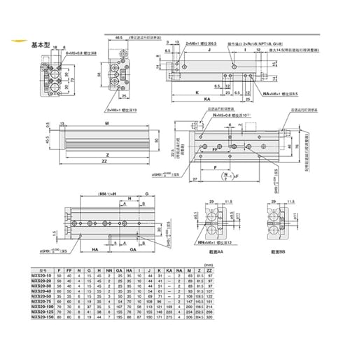 Vérin pneumatique à glissière MXS20-150 haute rigidité pour table de tri