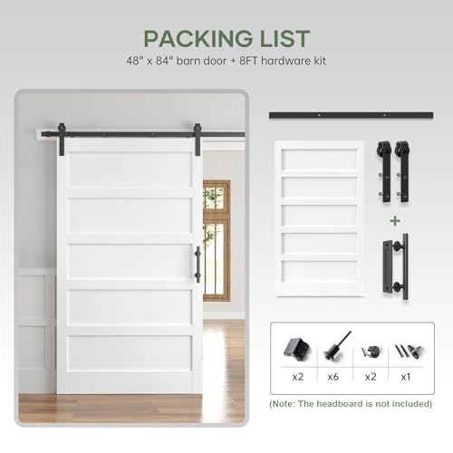 ROYMELO 48x84 Inch White Sliding Barn Door Slab with 8ft Hardware Kit Included, 5-Panel, MDF Wood Panel Covered with Water-Proof Scratch-Proof PVC Surface, Simple DIY Assembly