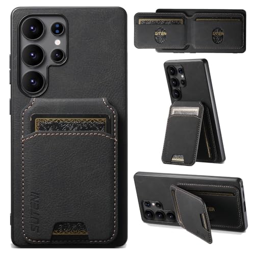 Étui Samsung Galaxy S22 Plus noir grain litchi avec support et coque arrière silicone