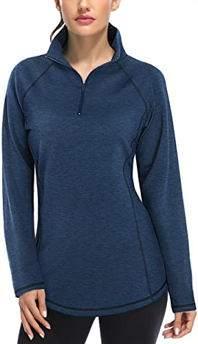 Miusey Jaqueta feminina de corrida com zíper de um quarto e manga comprida para treino, Azul marino,