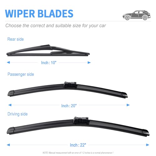 Image of Gavimnal Silicone Wiper Blades Replacement For Jeep Renegade 2015-2024 | 22 inch+20 inch Front & 10 inch Rear, All-Weather, Streak-Free, OE-fit, Quiet, Easy One-Click Install