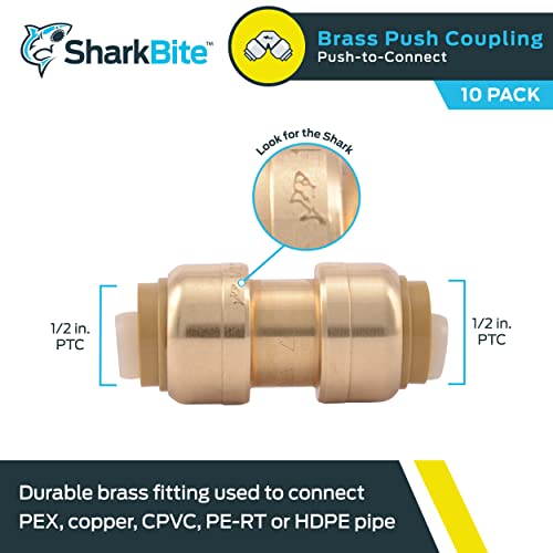 Sharkbite 1/2 Inch Coupling, Pack Of 10, Push To Connect Brass Plumbing Fitting, Pex Pipe, Copper, Cpvc, Pe-Rt, Hdpe, U008Lfcp #TOP1