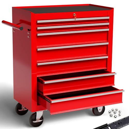 AREBOS Servantes d'atelier 7 Compartiments | Fermeture centralisée | Tapis antidérapants Inclus | tiroirs sur roulements à Billes | 2 Roues avec Frein (Rouge)