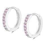 Silver Hoop Earrings for Women, Sterling Silver Small Huggie Hoop Earrings | Hypoallergenic Pink Cubic Zirconia Hoops Earrings Jewellery Gifts for Girls Birthday Wedding