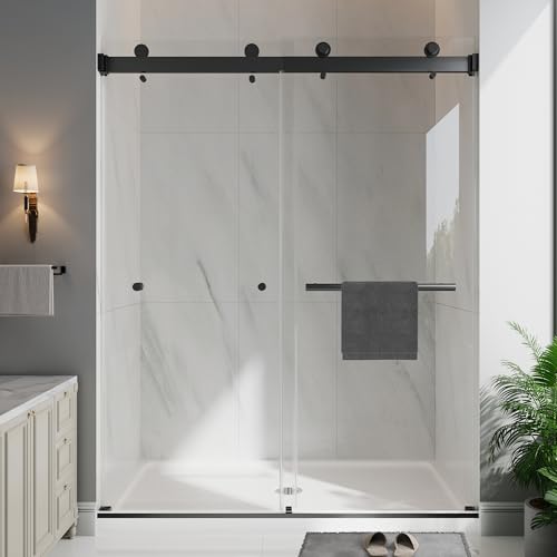 EASYWORC Frameless Double Sliding Shower Doors, 55-60' W x 76' H Shower Glass Door, 1/4' (6mm) Thick ANSI Certified Tempered Glass with Explosion-Proof Film and Nano Coating, Matte Black