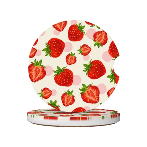 Image of Strawberry Car Coasters for Cup Holder - Absorbent Ceramic 2 Pack With Anti-Slip Cork Base and Finger Notch - Interior Accessories for Women Men 2.56 inch