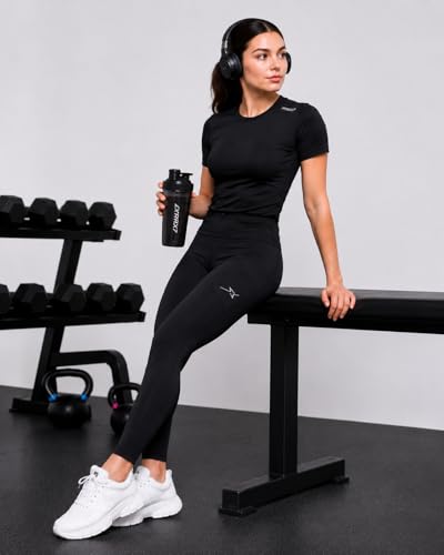 Image of Women's Gym Co-ord Set, Black, Premium Athletic Leggings with Phone Pocket and Short Sleeve Top