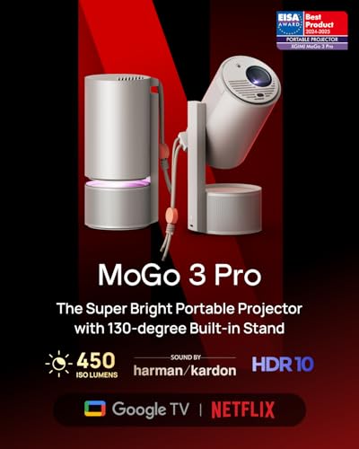Image of XGIMI 2025 MoGo 3 Pro Portable DLP Projector, 1080P FHD Resolution, 450 ISO Lumens, GTV & Licensed Netflix, Supports 4K, 130 Built-in Adujstable Stand, 2x5W Harman Kardon Speakers