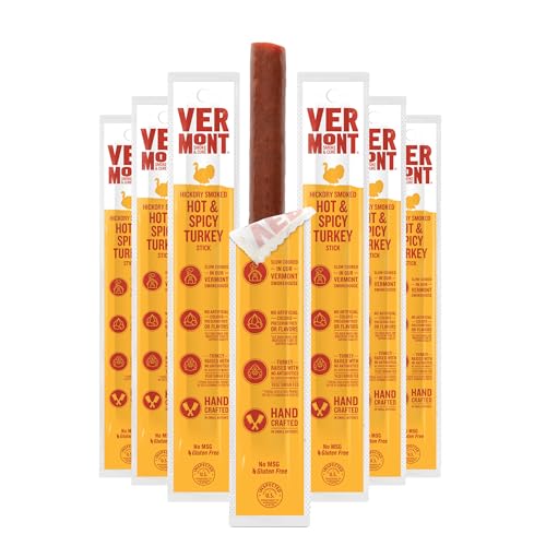 Vermont Smoke &amp; Cure - Hot &amp; Spicy Turkey Protein Snack - Portable Meat Snack for Adults &amp; Kids - Smoky Chili Turkey Sticks - Individually Wrapped Jerky Snacks 1oz - 24 Count