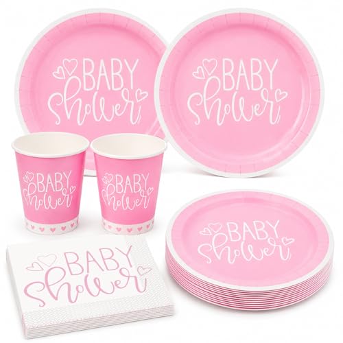 Image of Rozi Decoration Baby Shower Party Tableware Set - Pink Paper Plates, Cups & Napkins | Disposable Baby Girl Shower Decoration Supplies | Elegant Table Decor for Baby Welcome Party Set of 28 Pcs