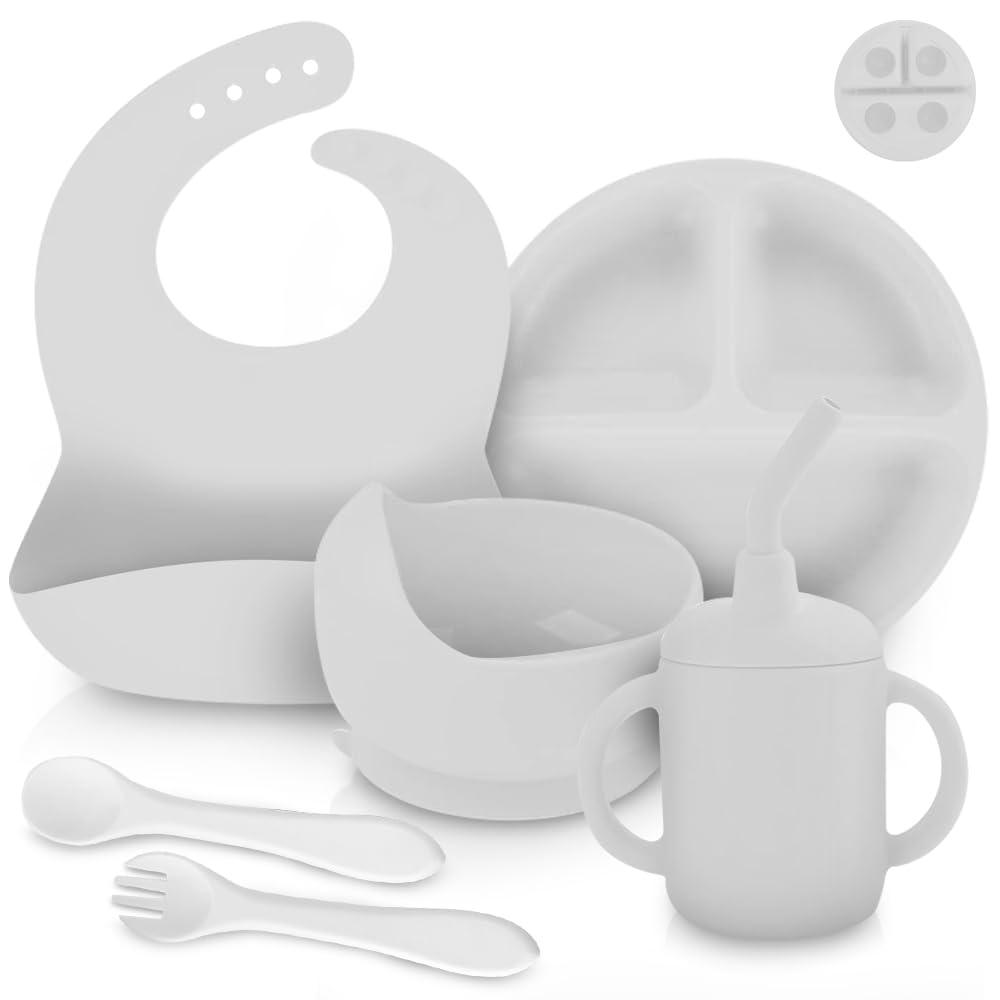 Silicone Feeding Set | Divided Suction Plate,Suction Bowl,Fork, Spoon, Bib, Sippy Straw Cup(light grey)