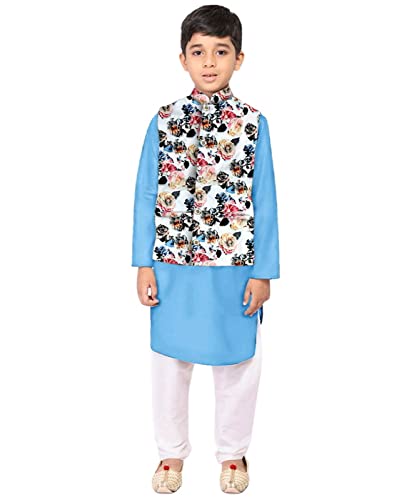 Image of Os Men's & boy kurta pyjama set with nerhu jackets (Multi printed) in cotton (baap beta|father son|)
