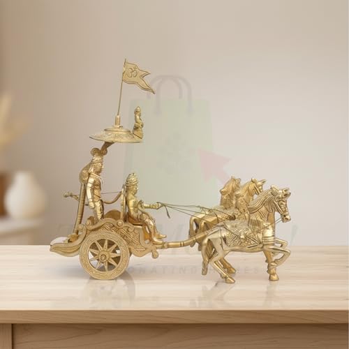 Image of Arjuna Rath Geeta Mahabharat Chariot with Krishna Ji and Hanuman Ji Brass Statue | 7 Inch | Vastu Remedy | Vastu Pital Showpiece | Decorative Arjuna Rath with Four Horses
