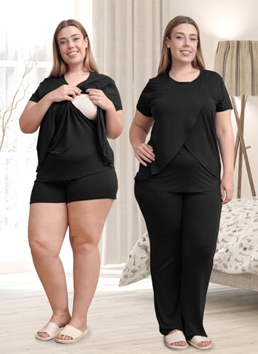 Rnxrbb 3 Piece Postpartum Nursing Pajamas Set Double Layer Maternity Breastfeeding Pjs Sleepwear for Women,Black L