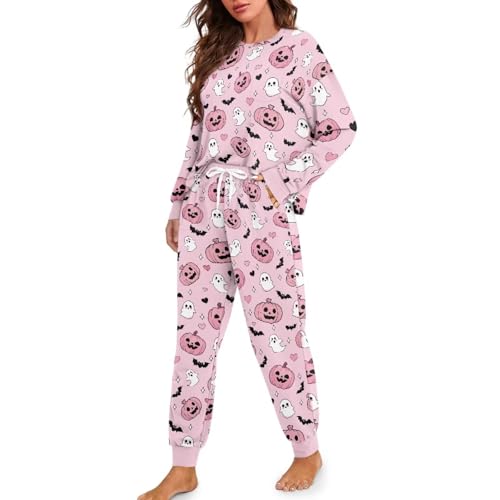 Halloween Pjs Women Drawstring Long Sleeve Pj Sets with Pockets for Pajamas Party