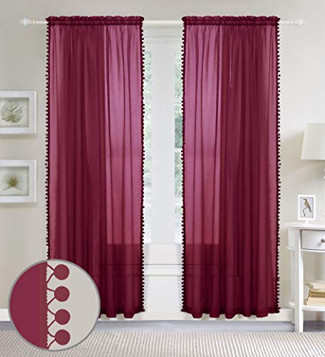 Elegant Comfort Semi-Sheer Pom Pom Tassels Curtains, 2 Panels Set, with 2inch Rod Pocket - Image 3