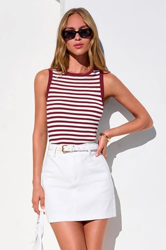 Image of PRETTYGARDEN Summer High Neck Striped Tank Tops for Women Casual Sleeveless Sweaters Basic Ribbed Knit Slim Fitted Shirts