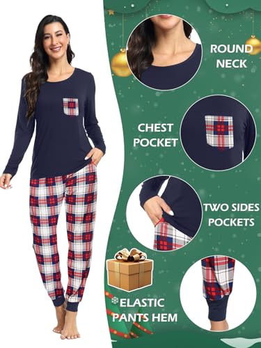 Matching Couple Pajamas Buffalo Plaid Christmas Pjs with Pockets Modal Long Sleeve Sleepwear Navy Blue Plaid L4