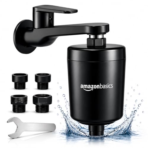 Image of Amazon Basics 15 Stage Shower /Tap Filter & Water Softener for Home (Black) | Reduces Hair Fall, Skin Dryness & Limescale| Hard Water Filter for Tap, Shower, Handshower| for Municipal /Chlorine Water