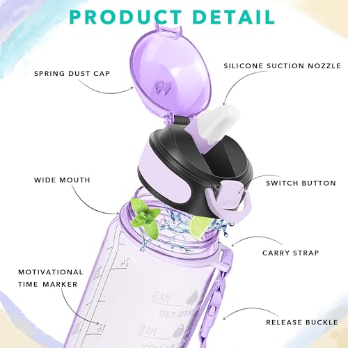 Image of Enerbone 32 oz Water Bottle with Times to Drink and Straw, Motivational Drinking Water Bottles with Carrying Strap, Leakproof BPA & Toxic Free, Ensure You Drink Enough Water for Fitness Gym Outdoor