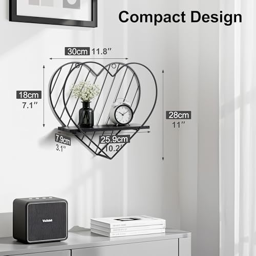 Afuly Black Wall Shelf Metal Floating Shelves Heart Design Industrial Modern Farmhouse Style Fancy Unique Decoration for Bathroom Bedroom Gift Decor for Christmas
