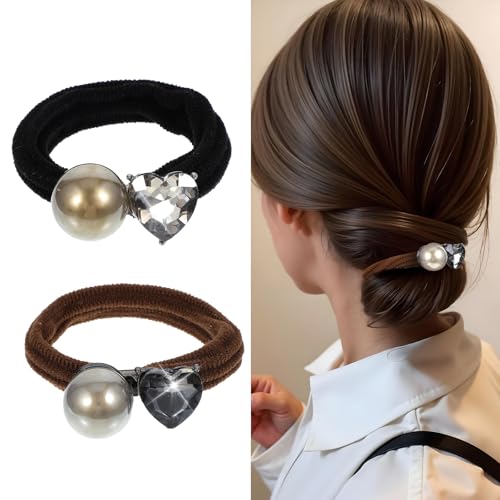 2 gomas de pelo suaves para el cabello, accesorios para el cabello, gomas para el pelo, perlas Scrunchie negro, elástico, goma para el pelo, con purpurina para mujer, colgante de corazón, pelo para