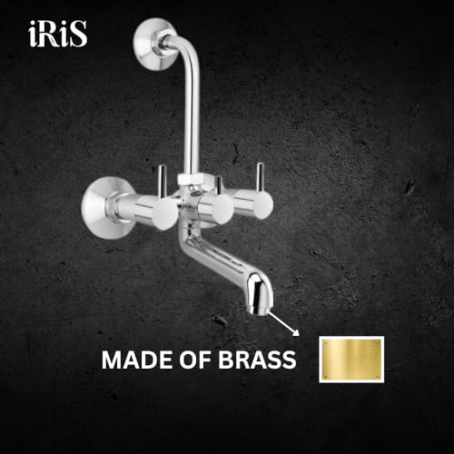Image of iRiS 2-in-1 Brass Wall Mixer Tap with Overhead Shower Provision | 125mm Long Bend Pipe | Visible Hot /Cold Indicators | Chrome Finish Bathroom Wall-Mounted Faucet | Heavy-Duty Brass Construction