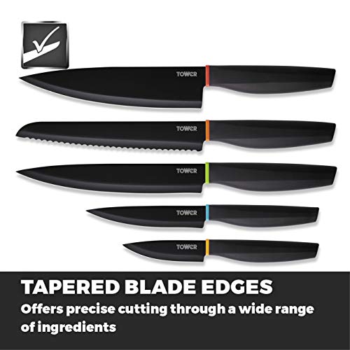 Tower-T851034BLK-5-Piece-Knife-Set-with-Paring-KnifeUtility-KnifeSlicing-KnifeBread-KnifeChef-Knife-and-Wooden-Block-Black