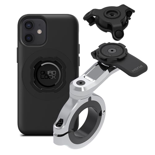 Image of Quad Lock Motorcycle Handlebar Phone Mount PRO Chrome - Large with Vibration Dampener and MAG Phone Case for iPhone 12 Mini