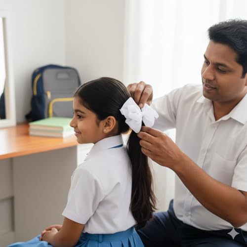 Image of Readymade Ribbon for School Girls - Soft Satin Bow Hair Accessory - Easy to Wear, Stylish & Neat Look - Ideal for School Uniforms bow in girls & Daily Use - Pack of 8 /School Ribbon in Kids (white Colour)