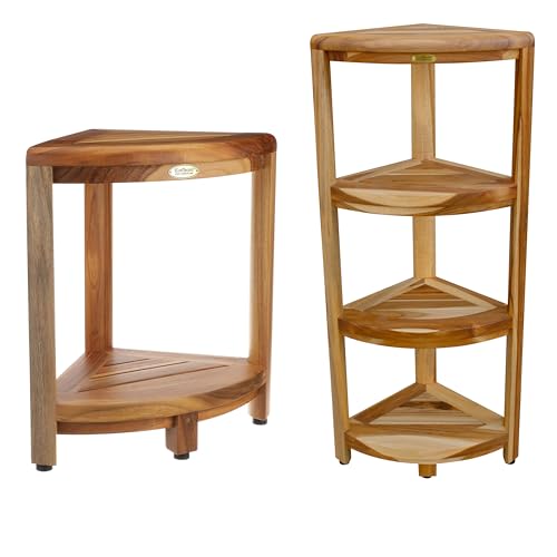 EcoDecors Teak Shower Stool & 4-Tier Shelf Bundle, 18 inches, 38 inches, Round, Durable, Woman-Owned Enterprise