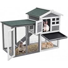 2 Story Rabbit Hutch Outdoor/Indoor, 48 Wooden Bunny Cage with Anti-Chew Metal Frame, Ramp, Removable No Leakage Pull-Out Tray, Weatherproof Asphalt Roof for Rabbit & Guinea Pig