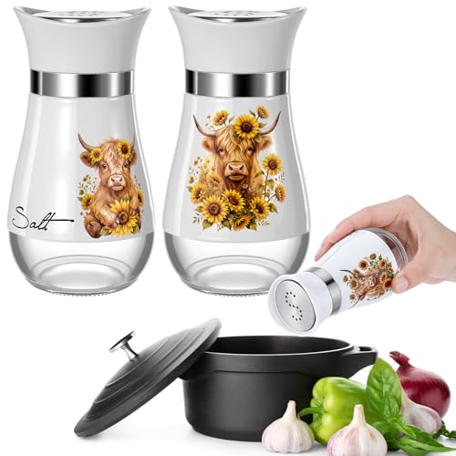 Bokon 2 Pack Highland Cow Sunflower Salt and Pepper Shaker Set Cute Farm Cattle Watercolor Glass Seasoning Jars Farmhouse Rustic Decoration for Kitchen Counter Housewarming Gift for Cow Lovers