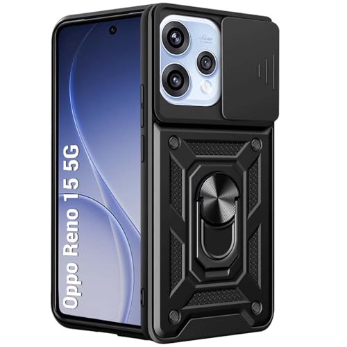 Image of TheGiftKart Tough Armor Bumper Back Cover Case for Oppo Reno 15 5G | Sliding Camera Cover, Kickstand & Ring Holder | 360 Degree Protection Back Cover Case for Oppo Reno15 5G (PC & TPU, Black)