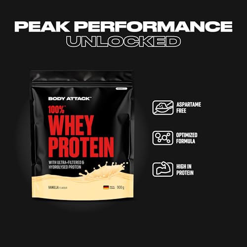 Body Attack 100% Whey Protein Natural - 900 g - Made in Germany - Extra cremiges Eiweißpulver mit Hydrolysat & BCAA´s, unterstützt Muskelaufbau und Diäten - Für Sportler & Athleten